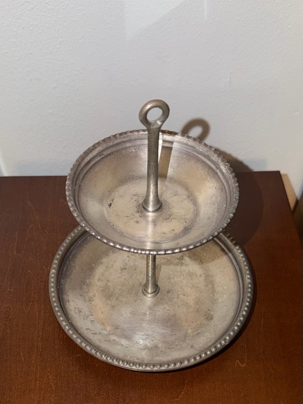 Small silver Pottery Barn two tiered serving tray.